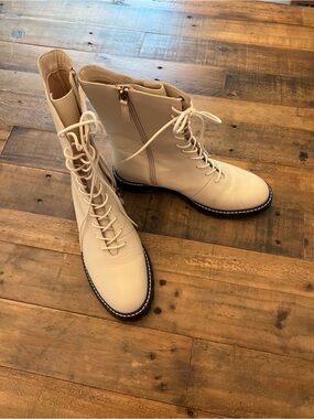 J. Crew Cream Lace-Up Combat Boots with Contrast Stitching